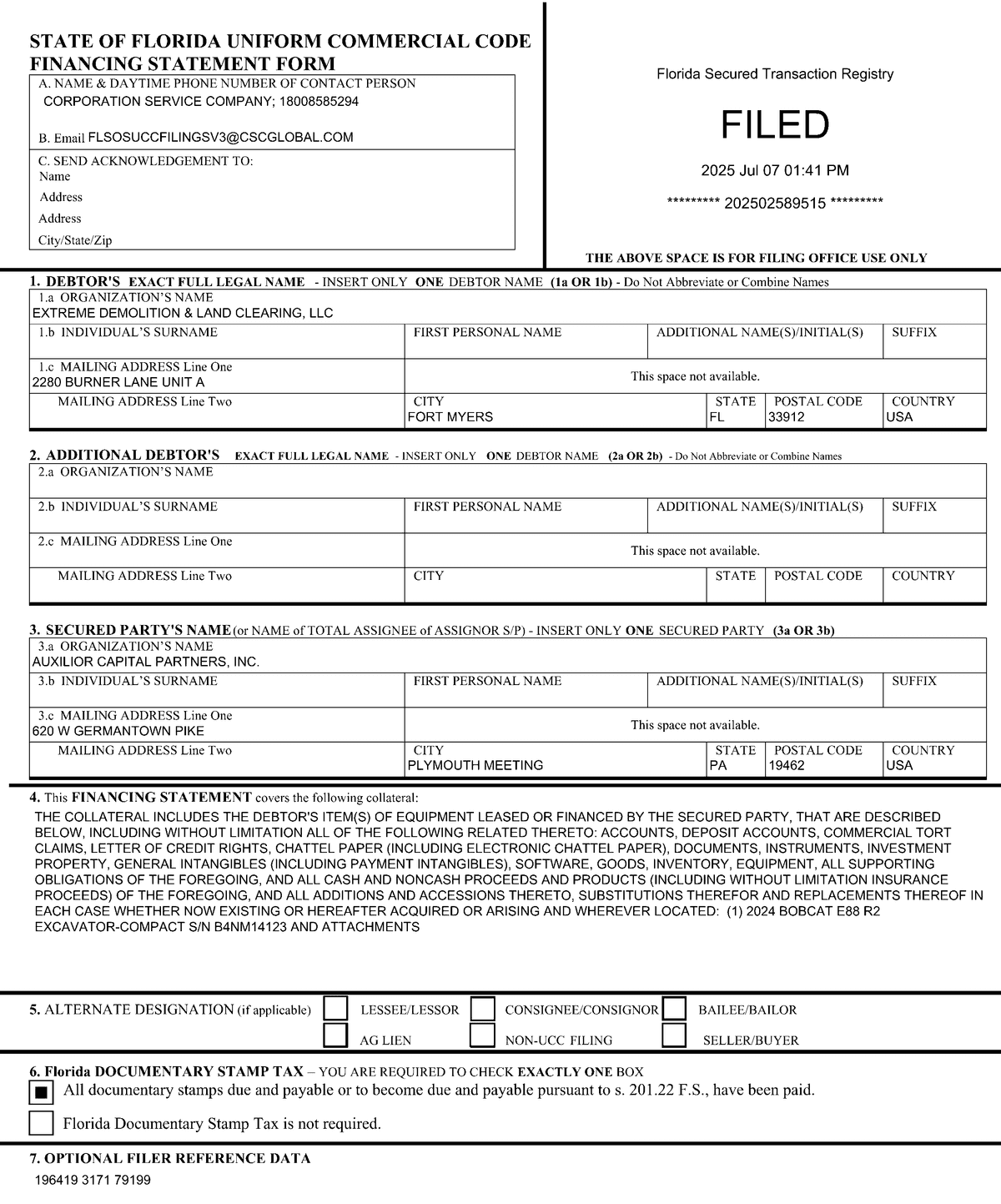 Sample UCC-1 financing statement filing